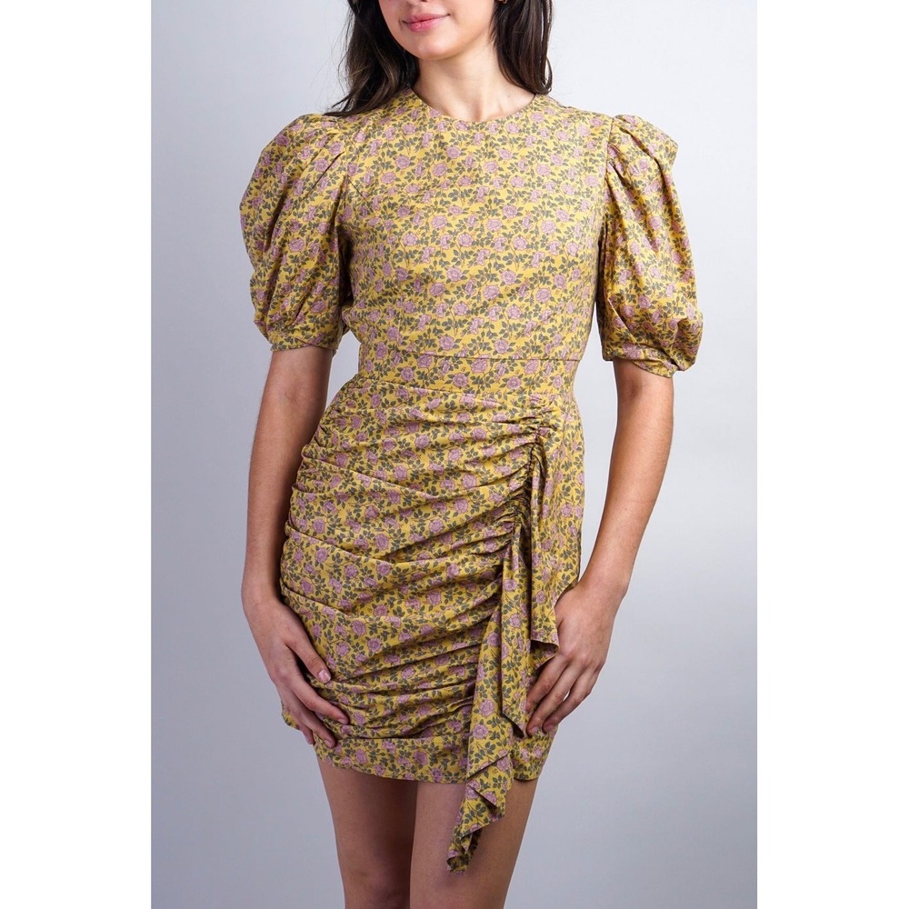 Aureum Ruched Sash Mini Dress Size XS Yellow Floral Cottage Feminine Prairie‎